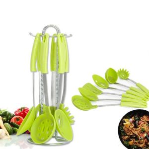 6 Pieces Stainless Steel Silicone Cooking Utensil Set with Premium Stand Cooking Spoon Spatula Soup Ladle Strainer Kitchen Supplie