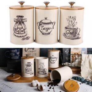 3Pcs Retro Tea Coffee Sugar Canisters Jars Pots Tins Kitchen Storage Container